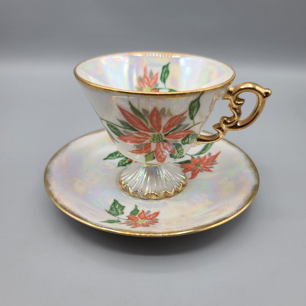Norleans December Poinsettia Tea Cup And Saucer Iridescent Ceramic